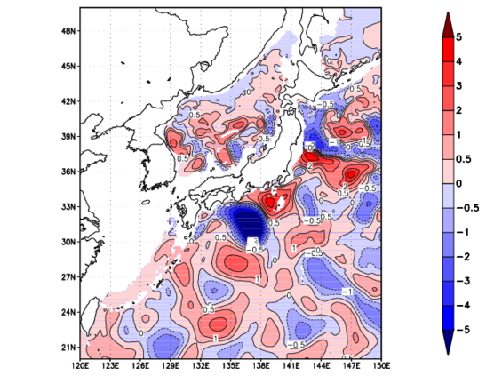 海面~740m月平均表層水温偏差分布