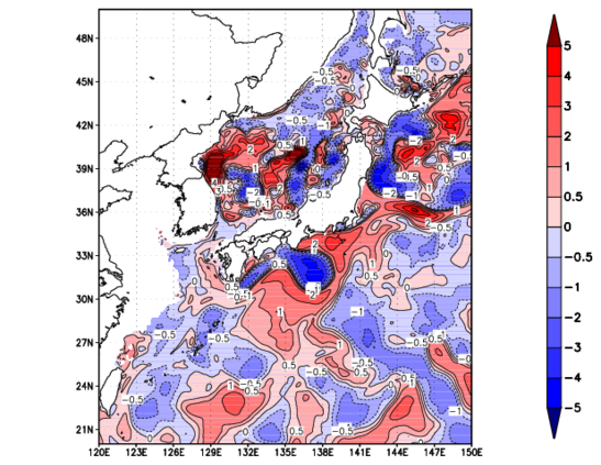 海面~100m月平均表層水温偏差分布