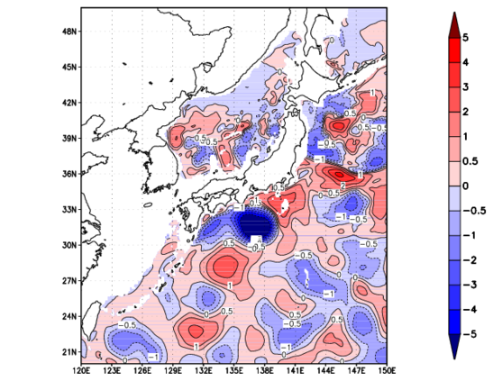 海面~740m月平均表層水温偏差分布