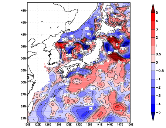 海面~100m月平均表層水温偏差分布