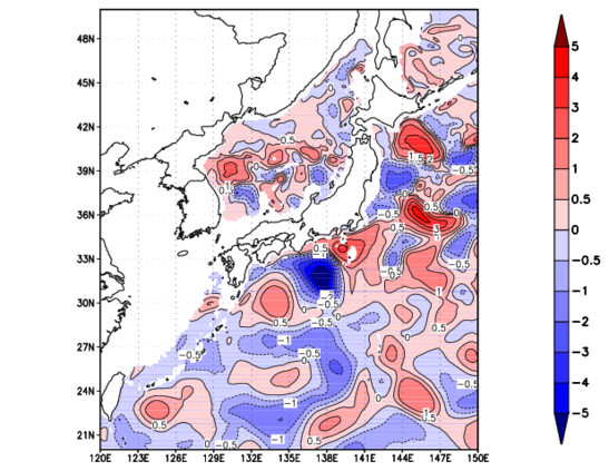海面~740m月平均表層水温偏差分布