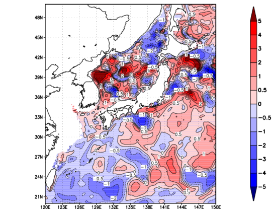 海面~100m月平均表層水温偏差分布