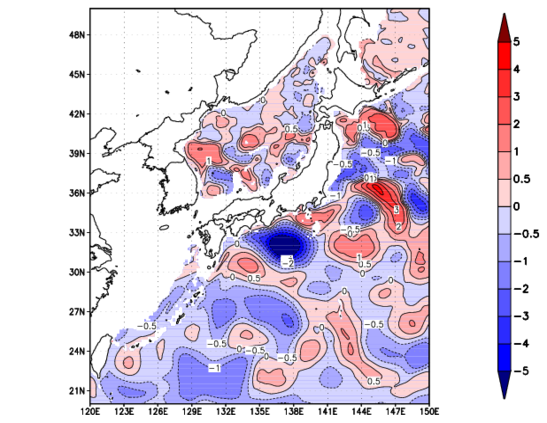 海面~740m月平均表層水温偏差分布