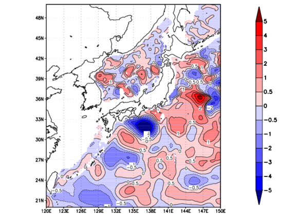 海面～740m月平均表層水温偏差分布