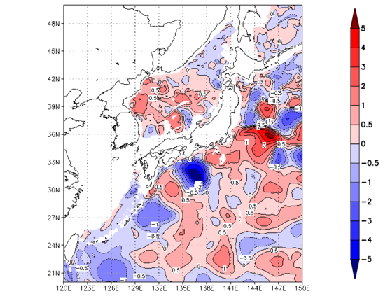 海面~740m月平均表層水温偏差分布