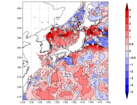 海面~100m月平均表層水温偏差分布