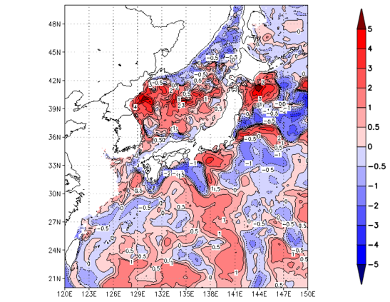 海面~100m月平均表層水温偏差分布