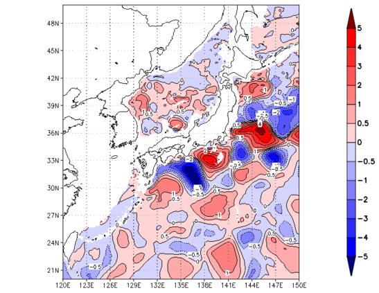海面~740m月平均表層水温偏差分布