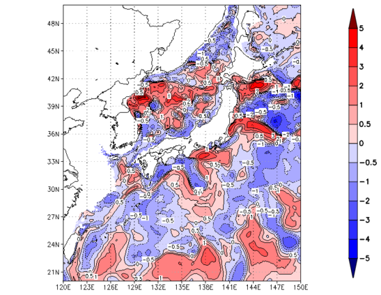 海面~100m月平均表層水温偏差分布