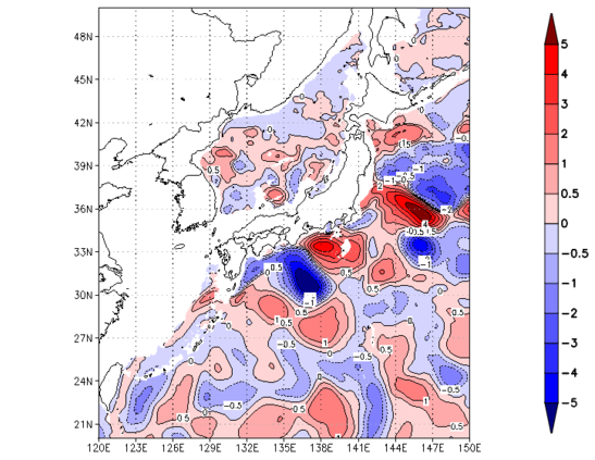 海面~740m月平均表層水温偏差分布