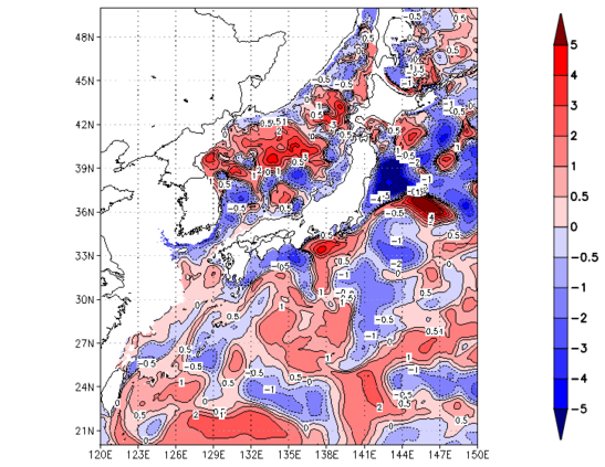 海面~100m月平均表層水温偏差分布