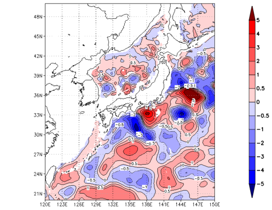 海面~740m月平均表層水温偏差分布