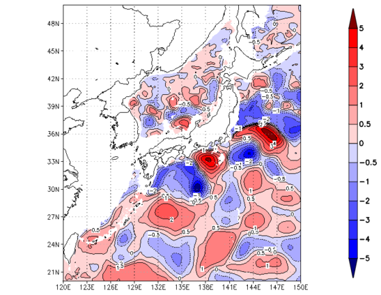 海面~740m月平均表層水温偏差分布