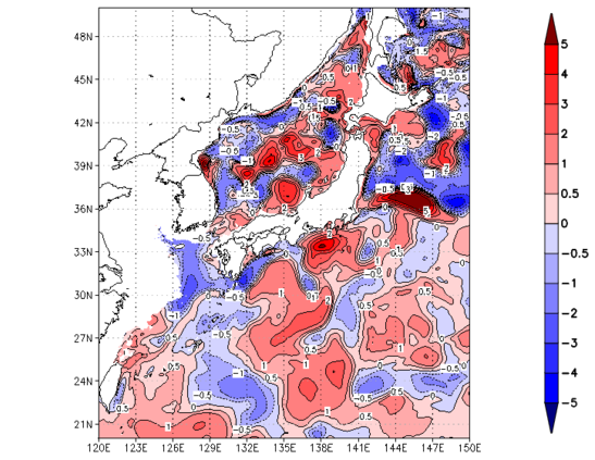 海面~100m月平均表層水温偏差分布