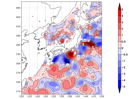 海面~740m月平均表層水温偏差分布