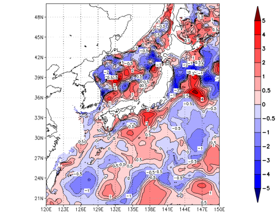 海面~100m月平均表層水温偏差分布