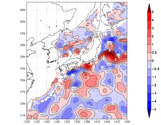 海面~740m月平均表層水温偏差分布