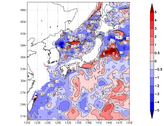 海面~100m月平均表層水温偏差分布