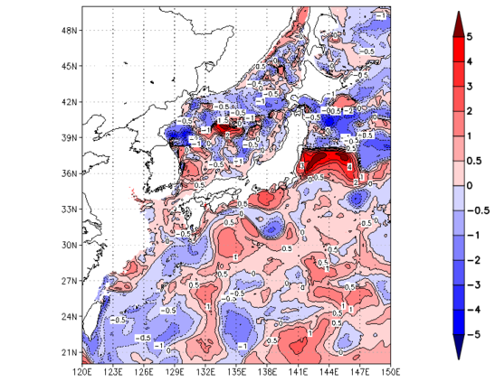 海面~100m月平均表層水温偏差分布