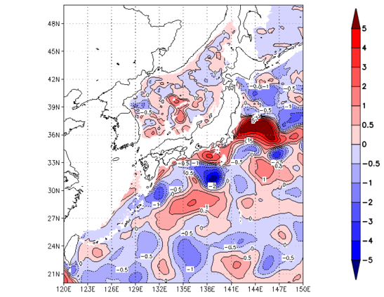 海面~740m月平均表層水温偏差分布