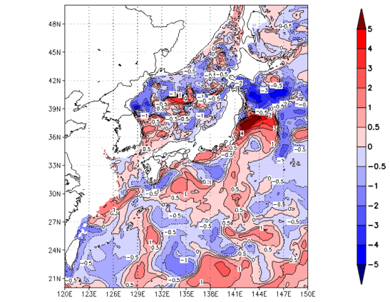 海面~100m月平均表層水温偏差分布