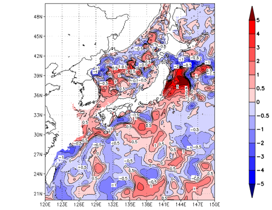 海面~100m月平均表層水温偏差分布