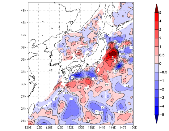 海面~740m月平均表層水温偏差分布