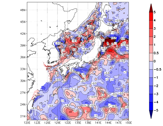 海面~100m月平均表層水温偏差分布