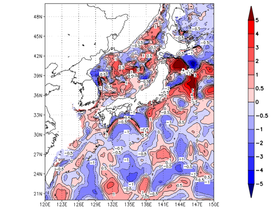 海面~100m月平均表層水温偏差分布