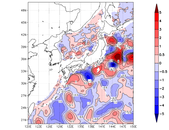 海面~740m月平均表層水温偏差分布