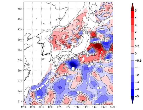 海面~740m月平均表層水温偏差分布