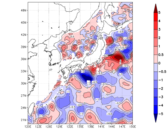 海面~740m月平均表層水温偏差分布
