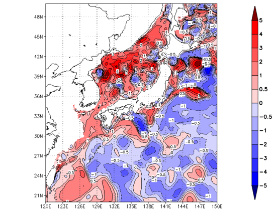 海面~100m月平均表層水温偏差分布