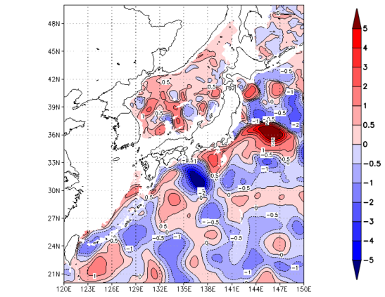 海面~740m月平均表層水温偏差分布