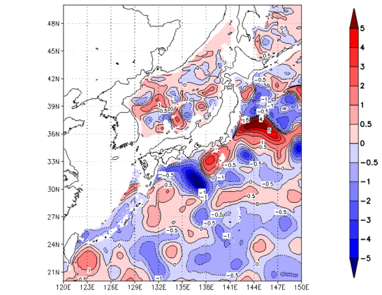 海面~740m月平均表層水温偏差分布
