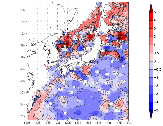 海面~100m月平均表層水温偏差分布