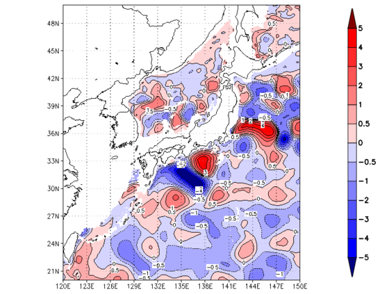 海面~740m月平均表層水温偏差分布