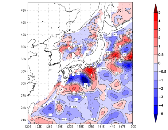 海面~740m月平均表層水温偏差分布