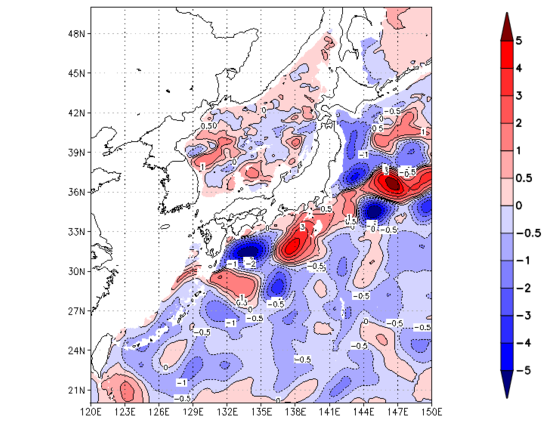 海面~740m月平均表層水温偏差分布