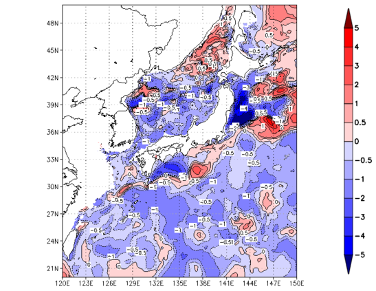 海面~100m月平均表層水温偏差分布