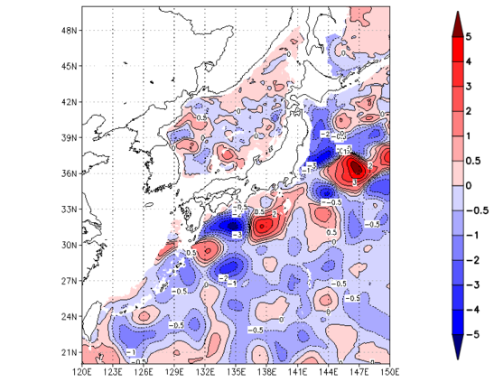 海面~740m月平均表層水温偏差分布