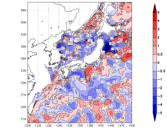 海面~100m月平均表層水温偏差分布
