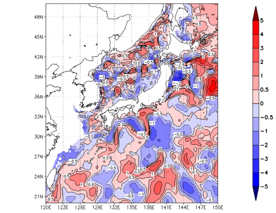 海面~100m月平均表層水温偏差分布