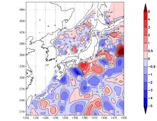 海面~740m月平均表層水温偏差分布