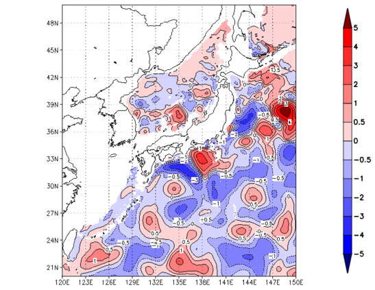 海面~740m月平均表層水温偏差分布