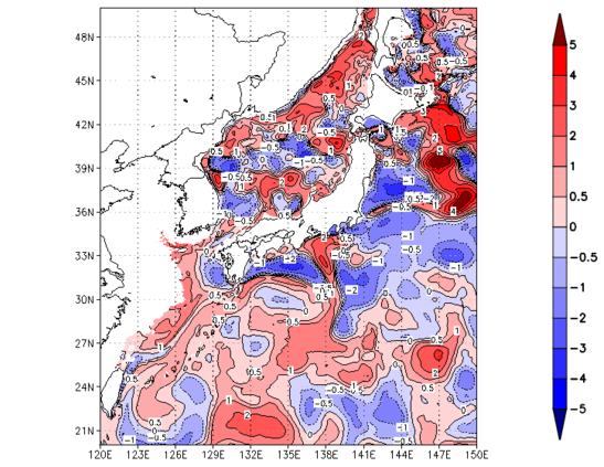 海面~100m月平均表層水温偏差分布