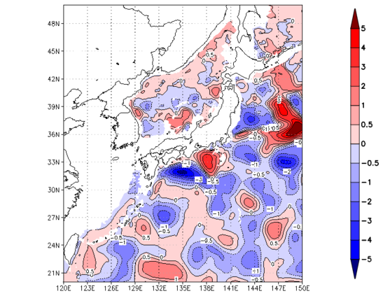 海面~740m月平均表層水温偏差分布