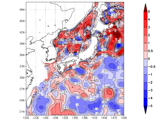 海面~100m月平均表層水温偏差分布