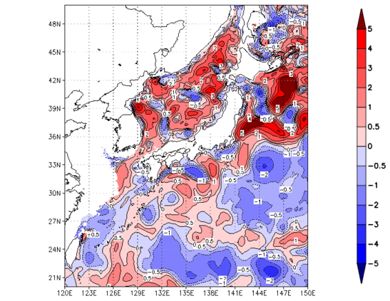 海面~100m月平均表層水温偏差分布