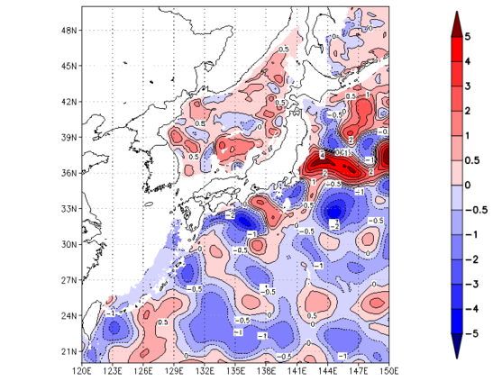 海面~740m月平均表層水温偏差分布